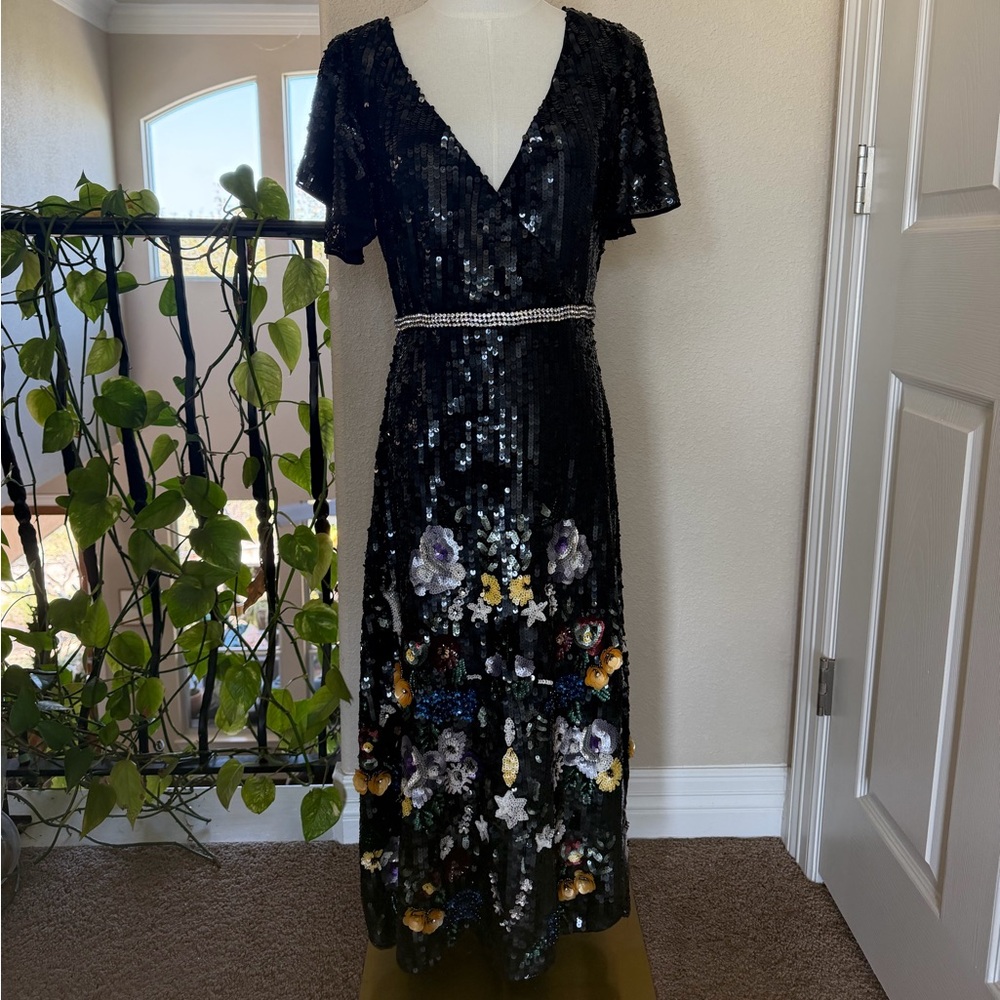 Mac Duggal Black Floral Sequin Flutter Sleeve Aline Wrap Cocktail Dress - Picture 4 of 7